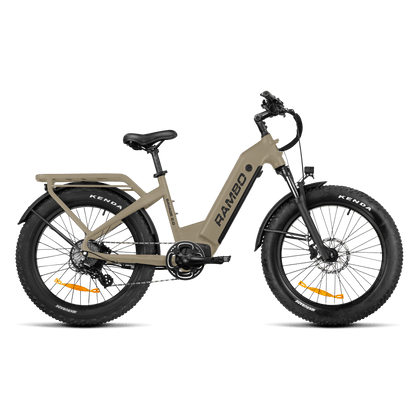 Beige electric bike with Kenda tires on a transparent background