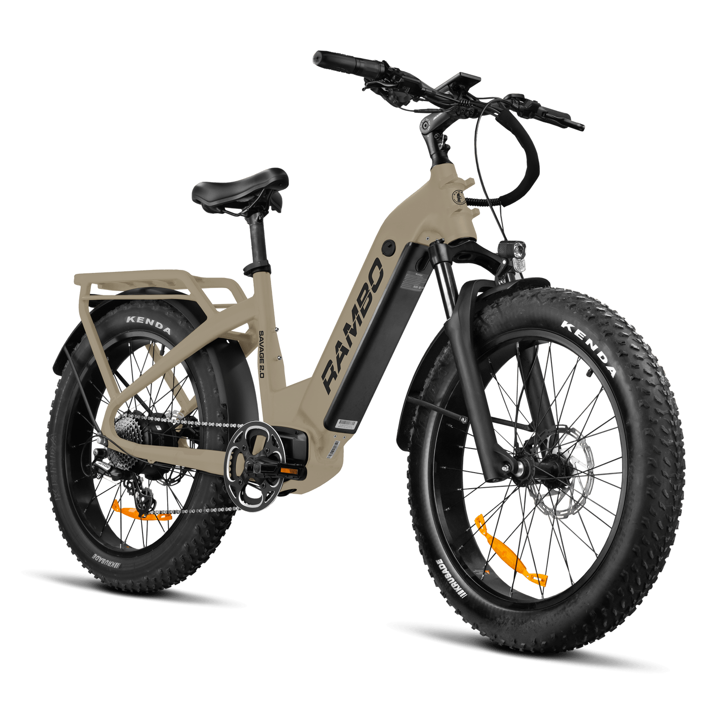 Beige electric bike with 'RAMBO' branding on a black background