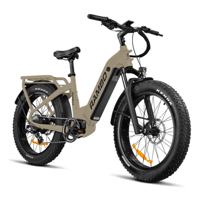 Beige electric bike with 'RAMBO' branding on a black background