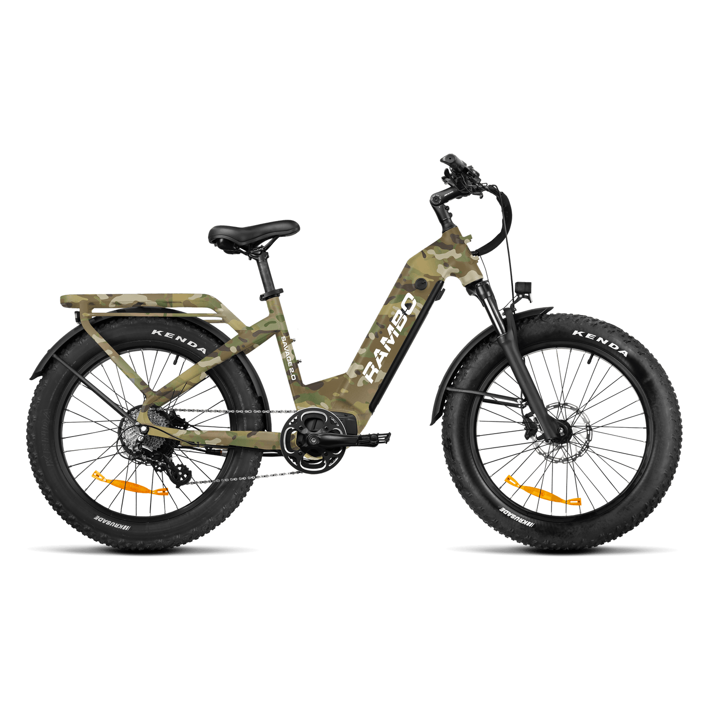 Camouflage electric bike with Kenda tires on a black background