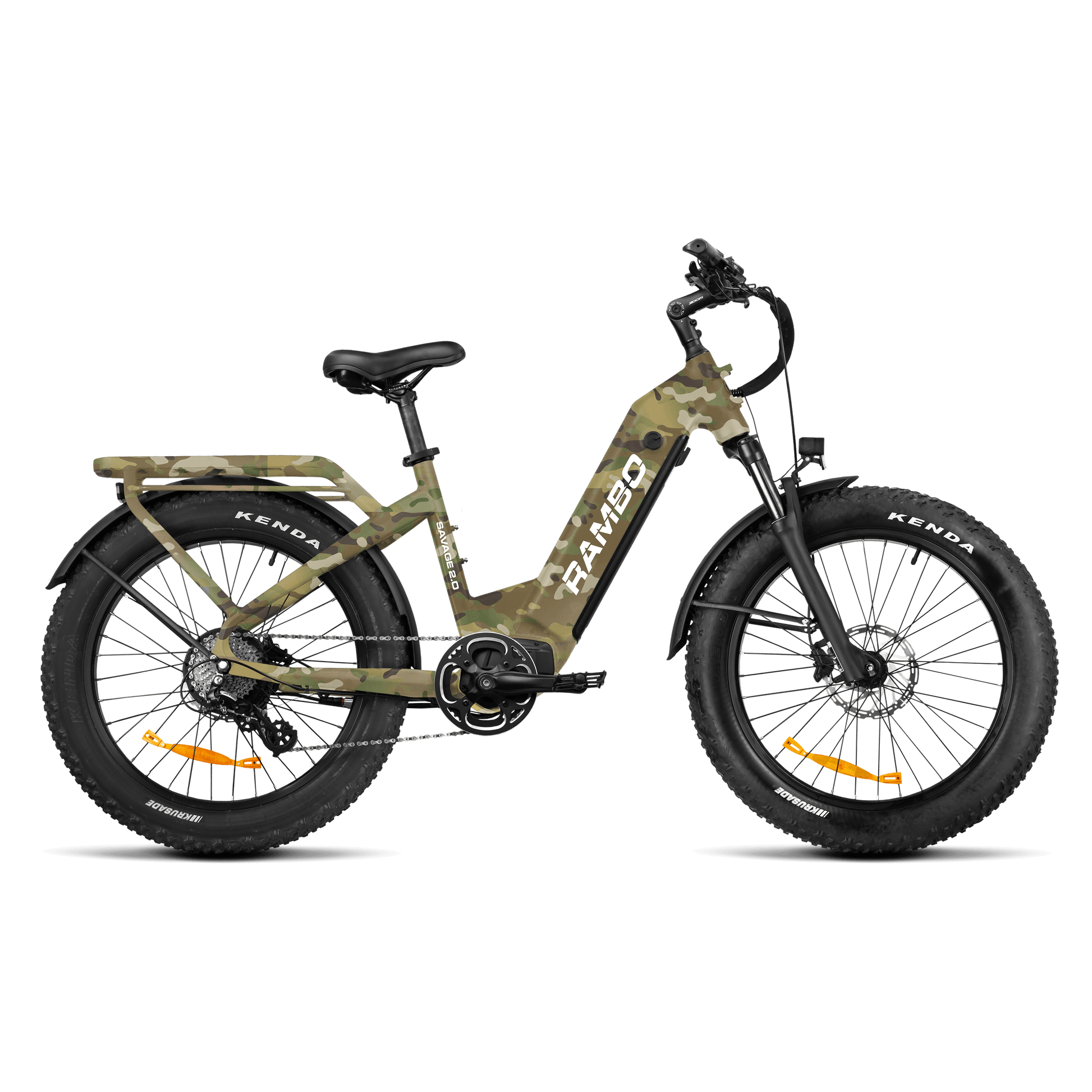 Camouflage electric bike with Kenda tires on a black background