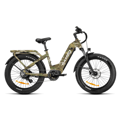 Camouflage electric bike with Kenda tires on a black background