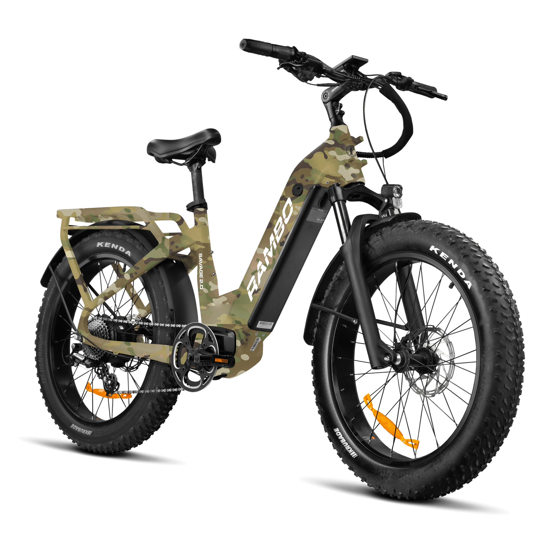 Camouflage electric bike with 'Ramba' branding on a black background