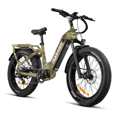 Camouflage electric bike with 'Ramba' branding on a black background