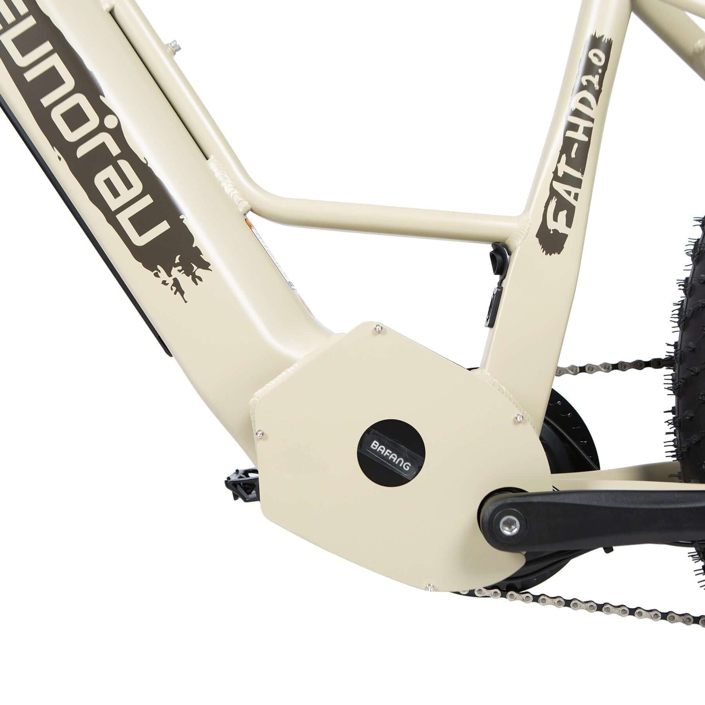 Close-up of a bicycle with 'Bafang' brand visible on the chain guard.