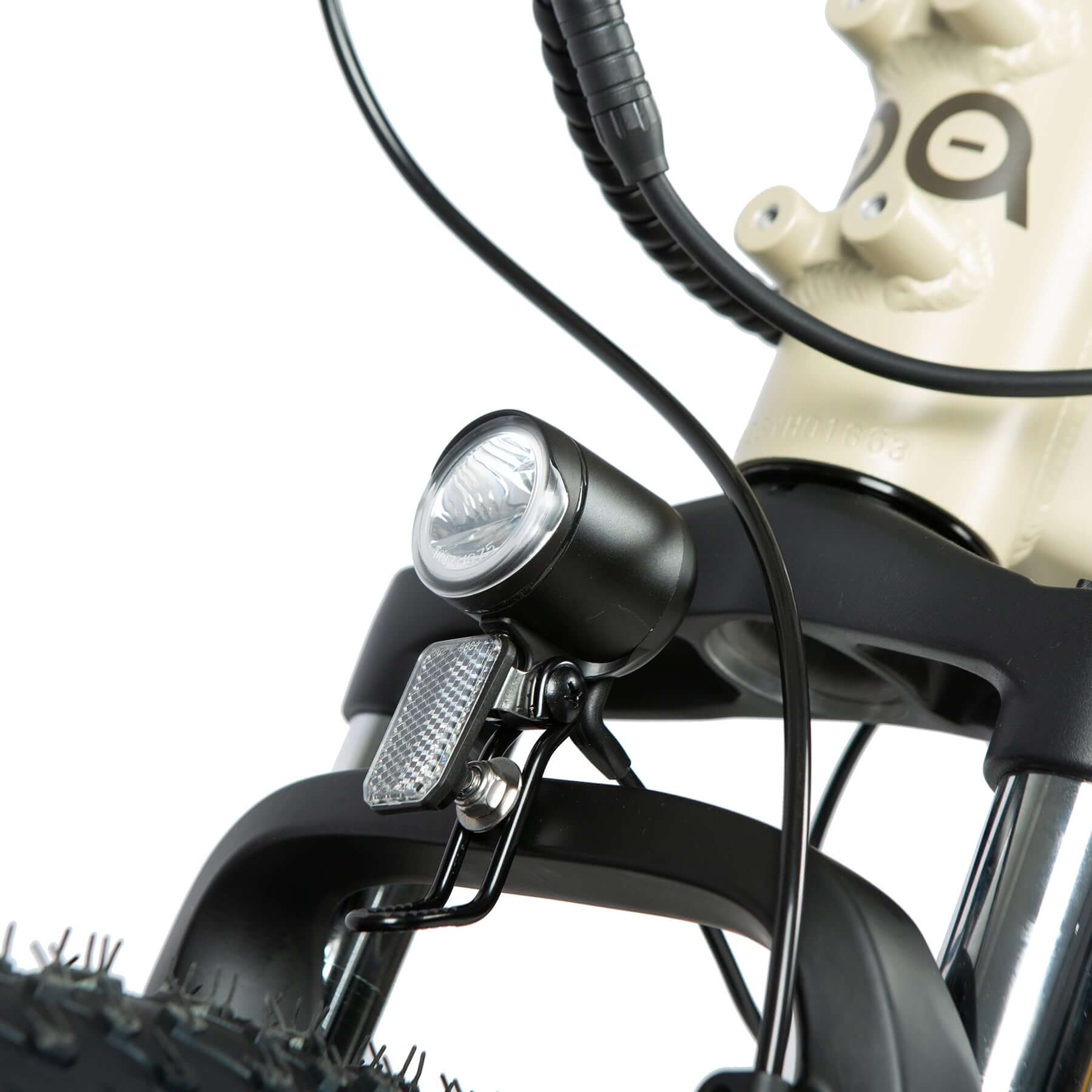 Close-up of a bicycle handlebar with light and brake lever on a white background