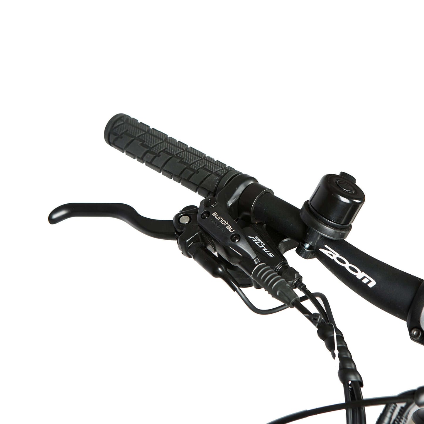 Close-up of bicycle handlebar with black grips and brake levers on a white background