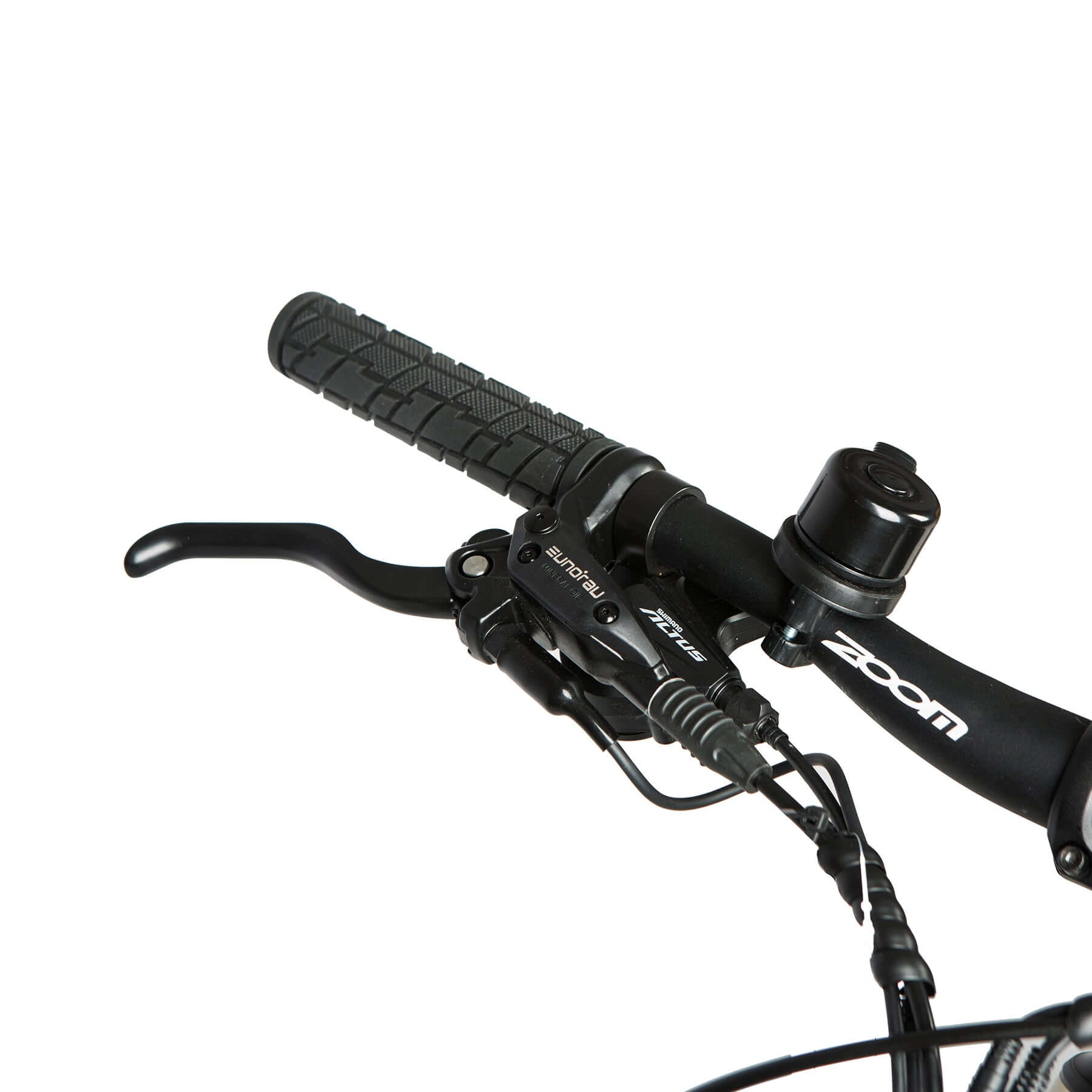 Close-up of bicycle handlebar with black grips and brake levers on a white background