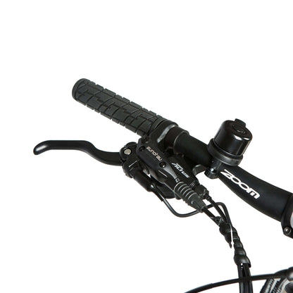 Close-up of bicycle handlebar with black grips and brake levers on a white background