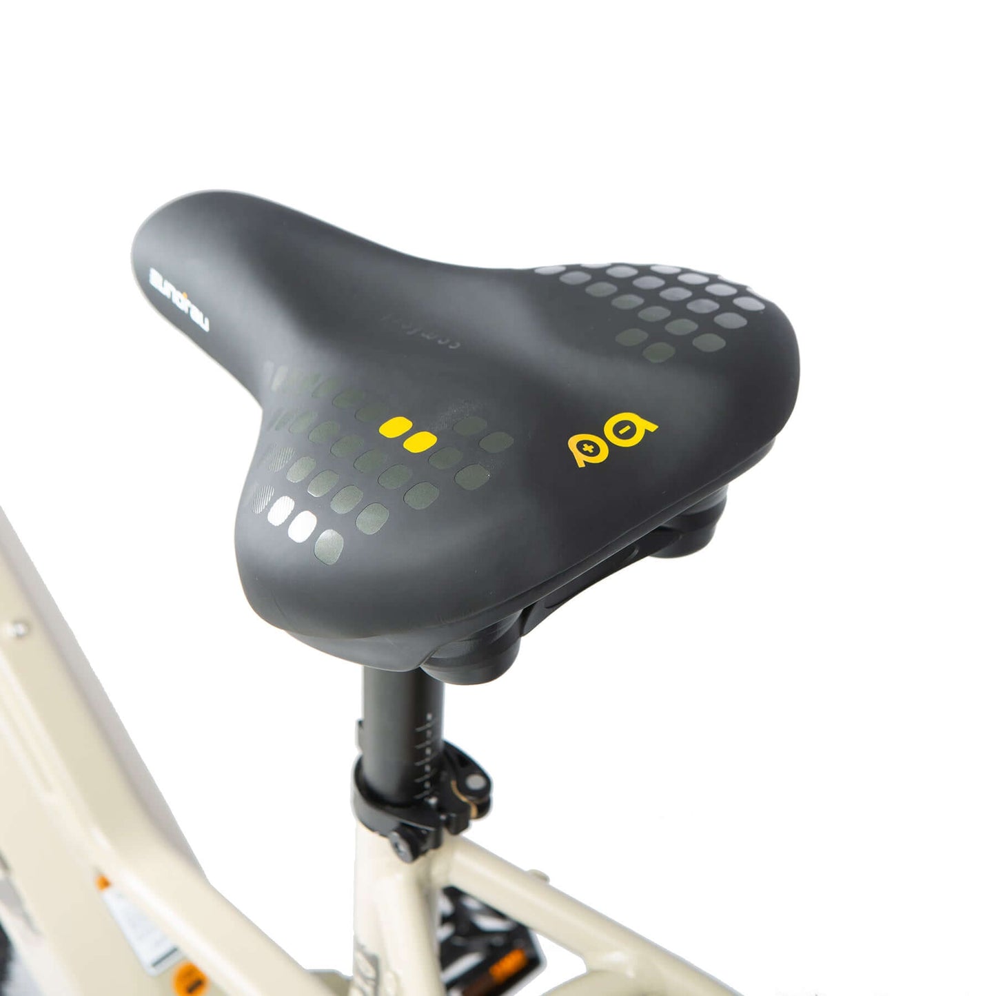 Bicycle seat with visible brand logo on a white background