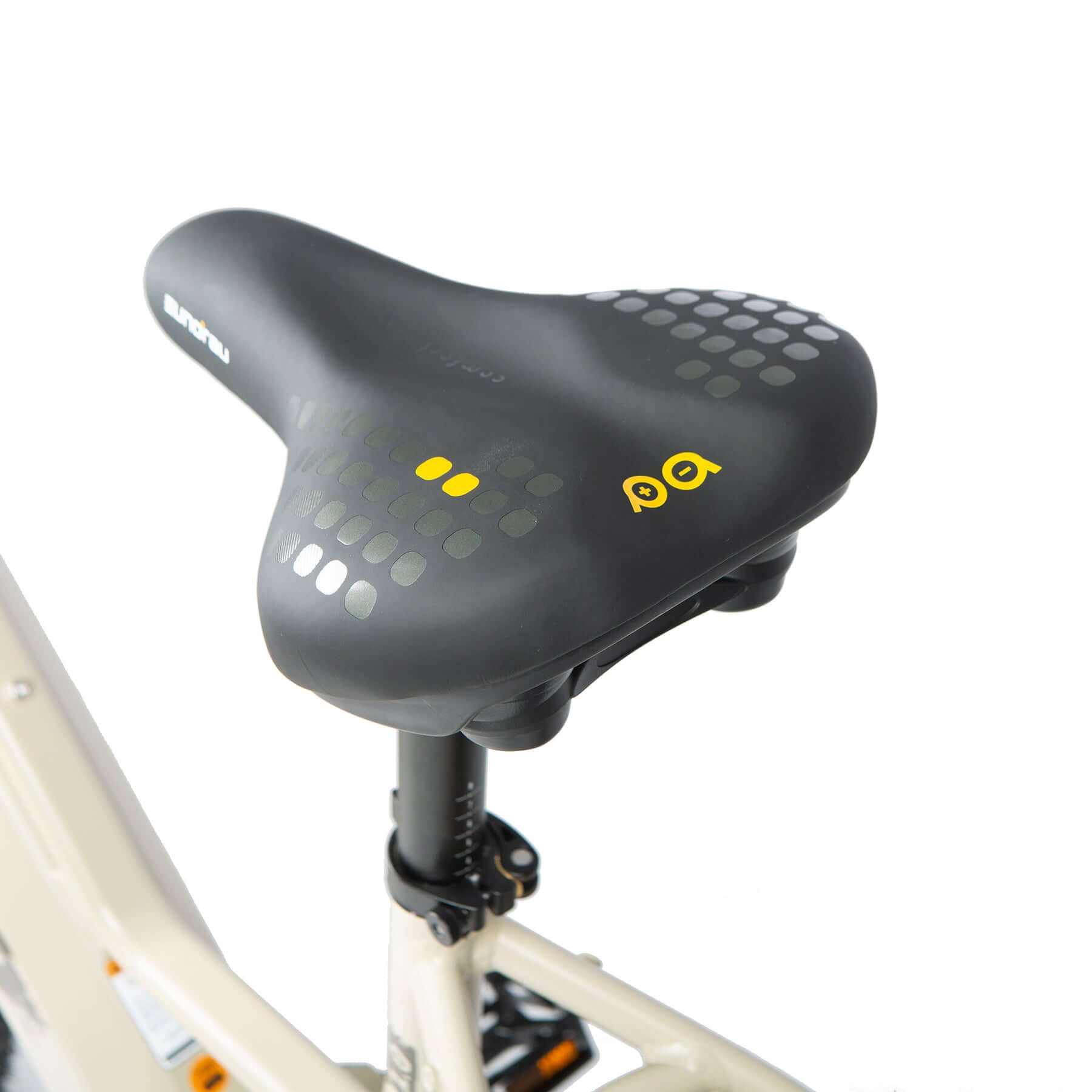 Bicycle seat with visible brand logo on a white background