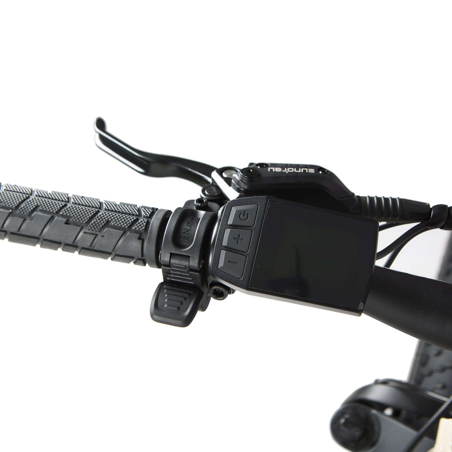 Close-up of a motorcycle handlebar with control panel and brake lever on a white background