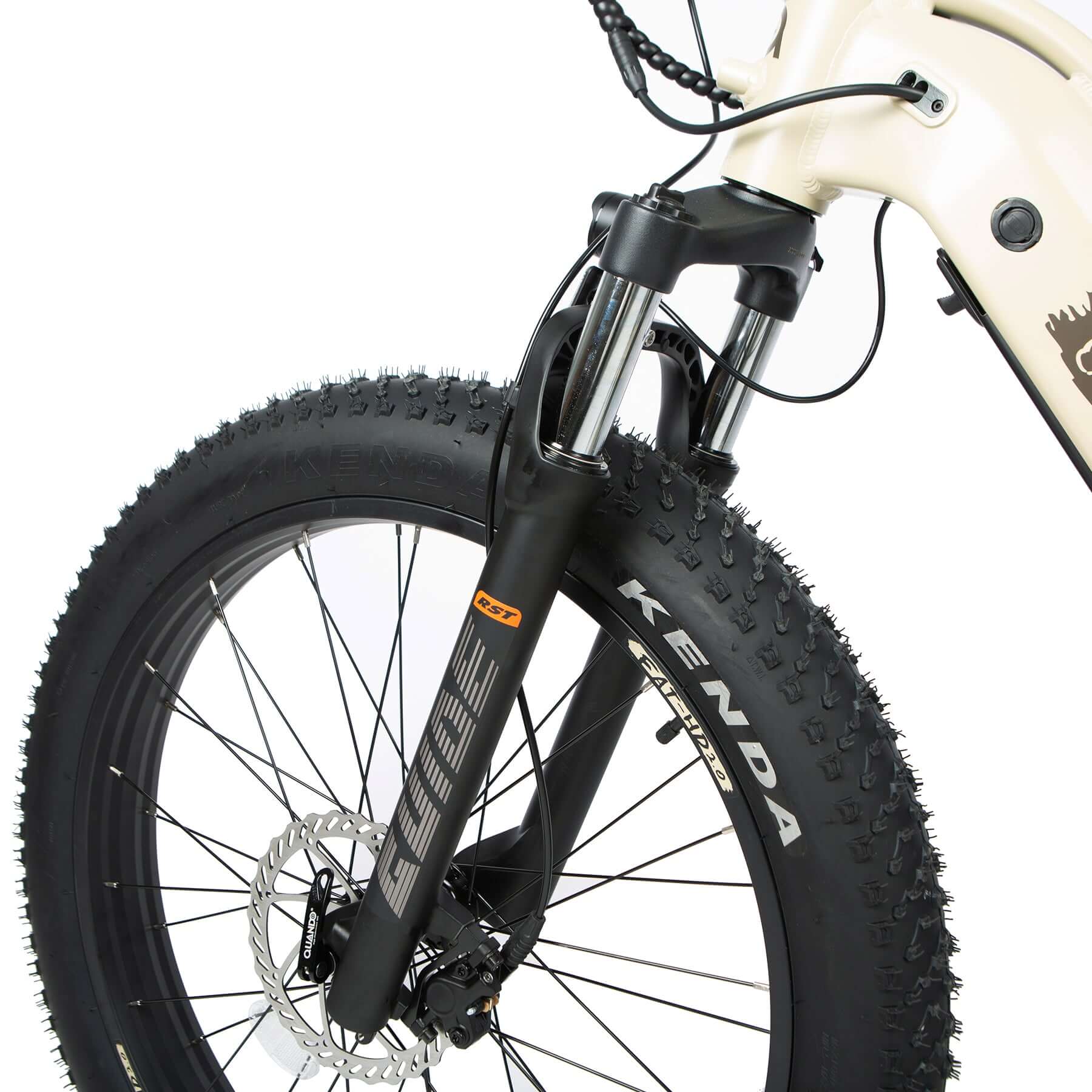Close-up of a bicycle wheel with Kenda branding on a white background