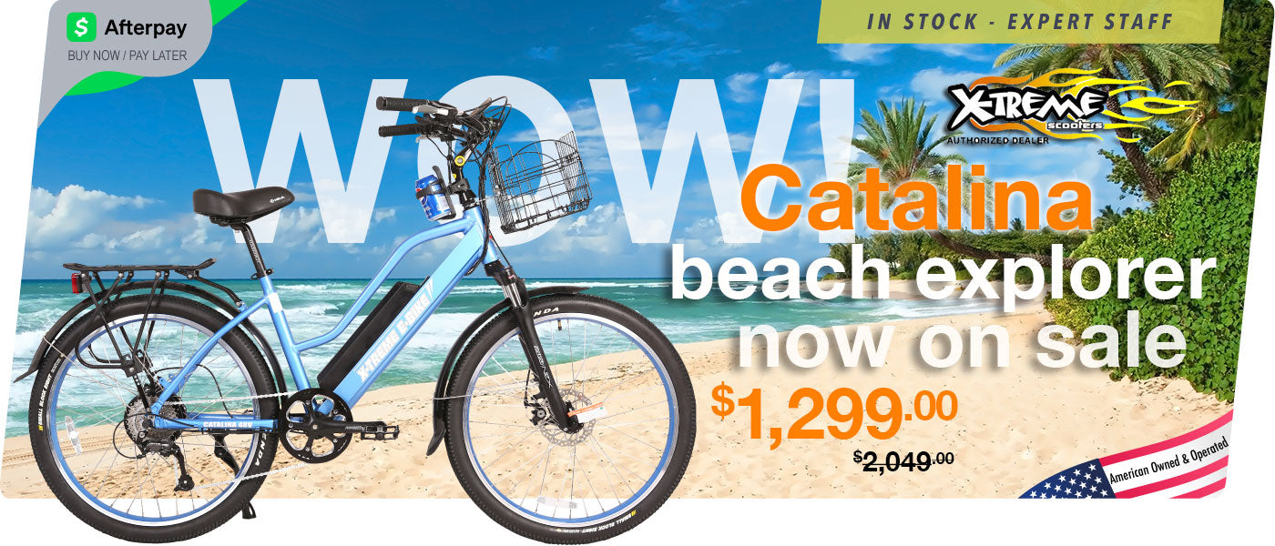 Promotional banner for a Catalina beach explorer bike on sale with scenic background