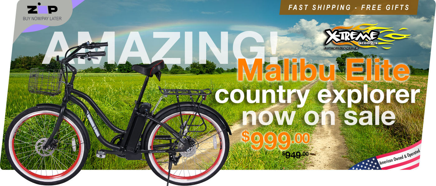 Advertisement for a Malibu Elite country explorer bike with scenic background