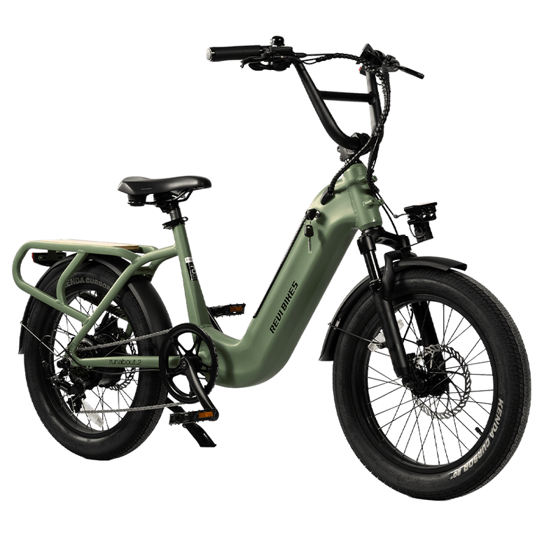 An electric bicycle in matte olive green with black components, including the tires, saddle, handlebars, and fenders, shown from a three-quarters front angle on a solid white background.