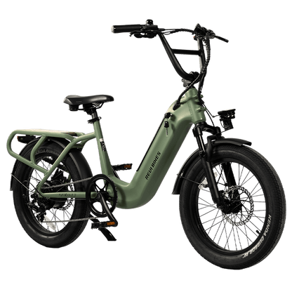 An electric bicycle in matte olive green with black components, including the tires, saddle, handlebars, and fenders, shown from a three-quarters front angle on a solid white background.