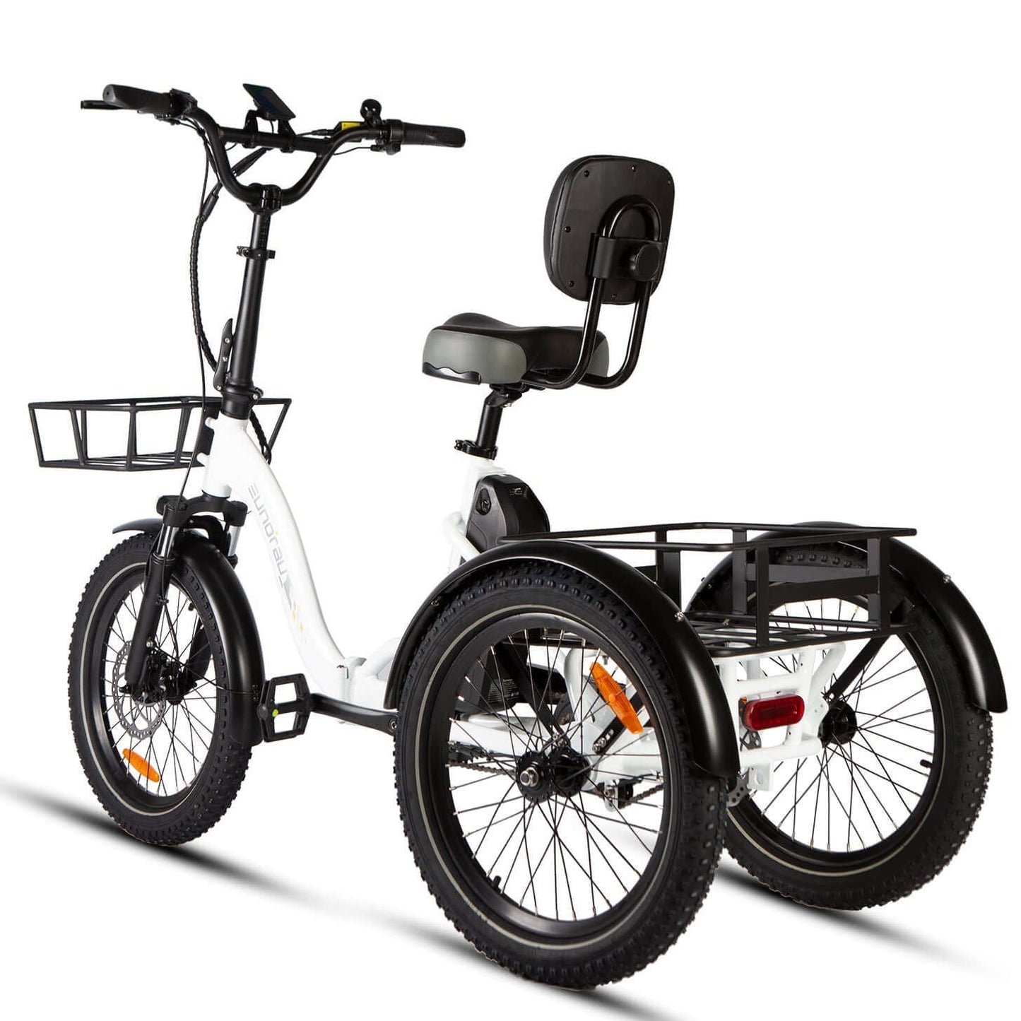 White tricycle with a black seat and basket on a white background