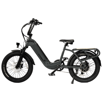 A dark gray step-through electric bicycle with fat tires, rear cargo rack, and disc brakes, shown from a side profile on a solid white background.