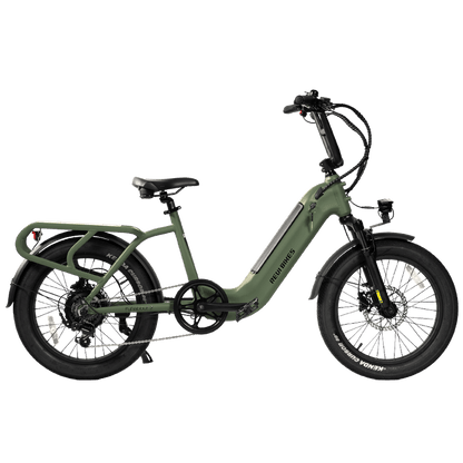 An electric bicycle in an olive green frame with black components, shown from a side profile on a solid white background. The brand name 'FASHION' is visible on the frame.