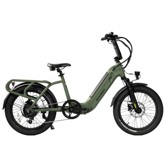 An electric bicycle in an olive green frame with black components, shown from a side profile on a solid white background. The brand name 'FASHION' is visible on the frame.