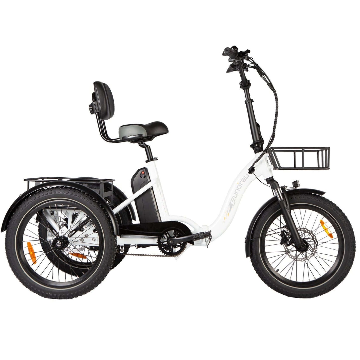 White electric tricycle with a basket on a white background