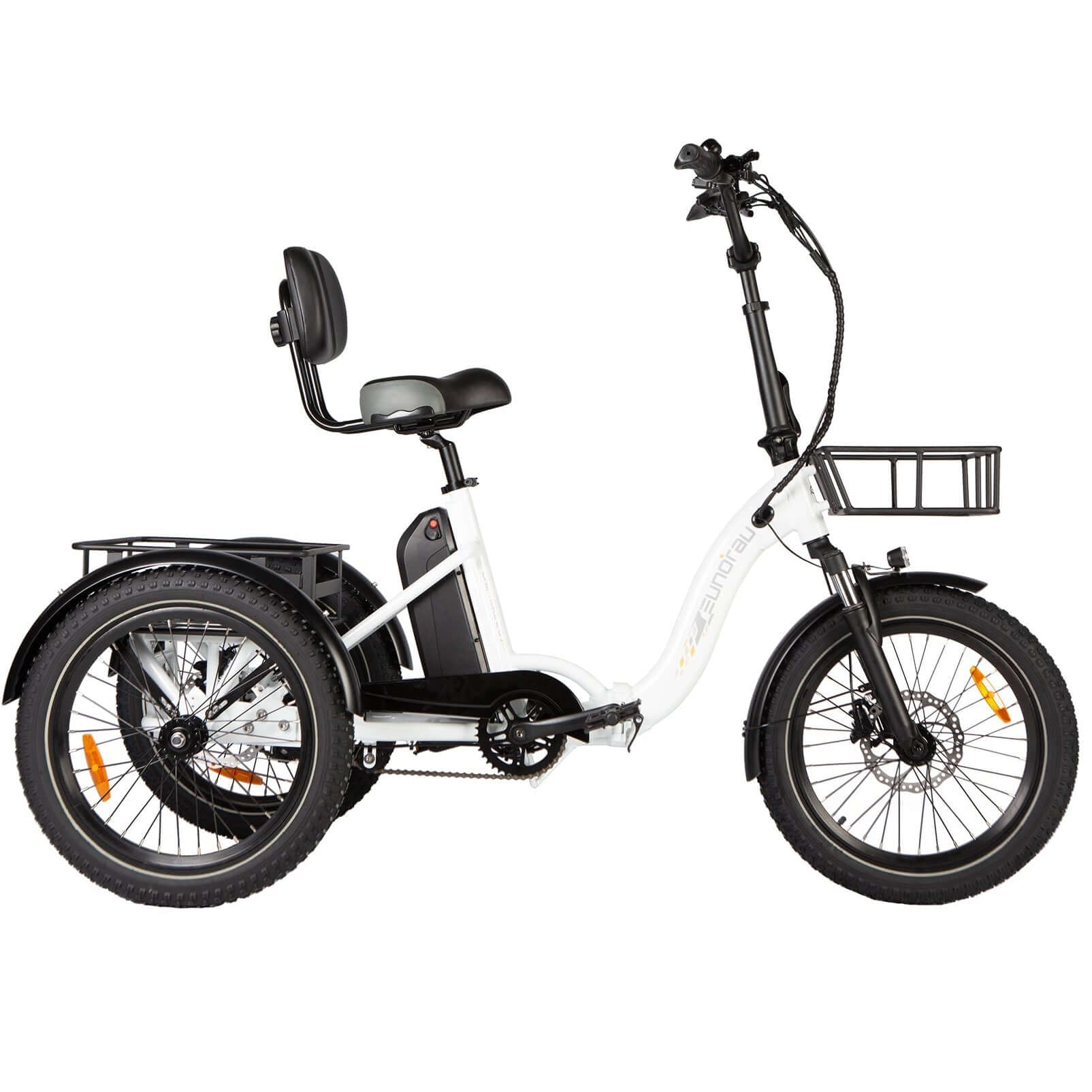 White electric tricycle with a basket on a white background