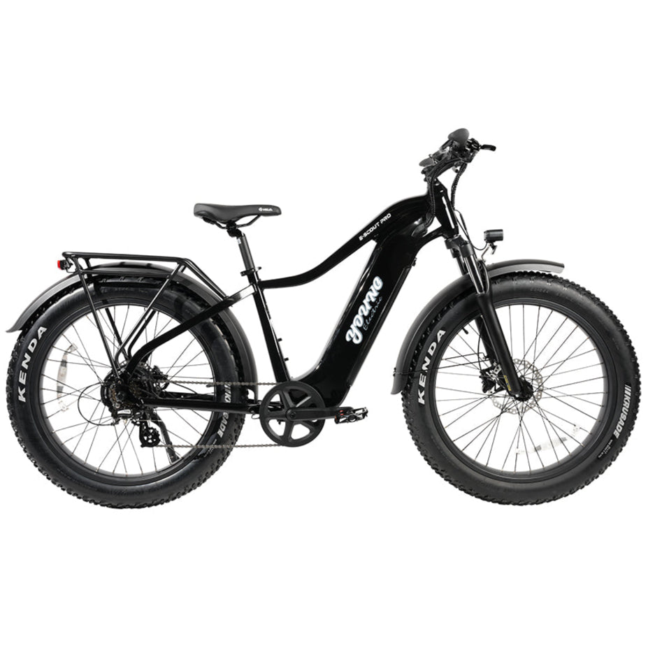 Black electric bike with Kenda tires on a white background