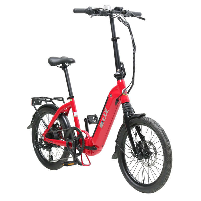 Red electric bike with black components on a white background