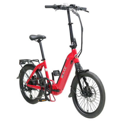 Red electric bike with black components on a white background