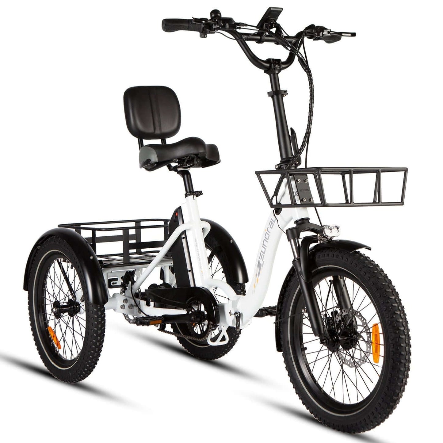 White electric tricycle with a basket on a white background