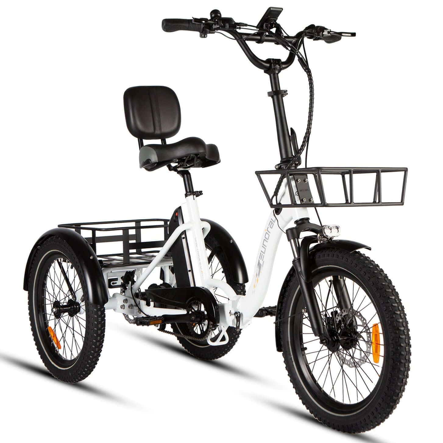 White electric tricycle with a basket on a white background