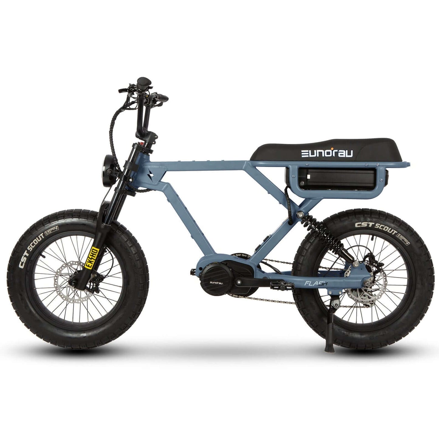 Blue electric bike with 'Eundrau' branding on a white background