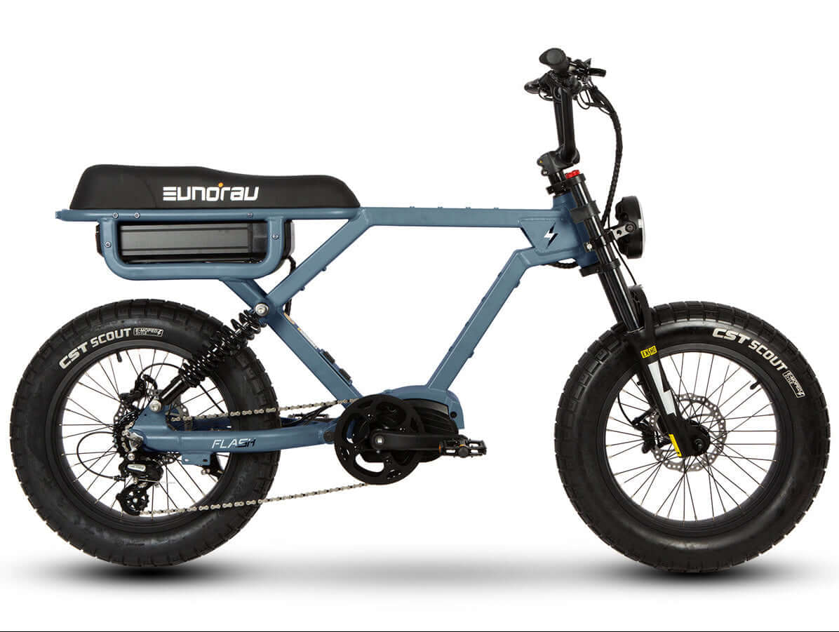 Blue electric bike with 'Bundu' branding on a white background