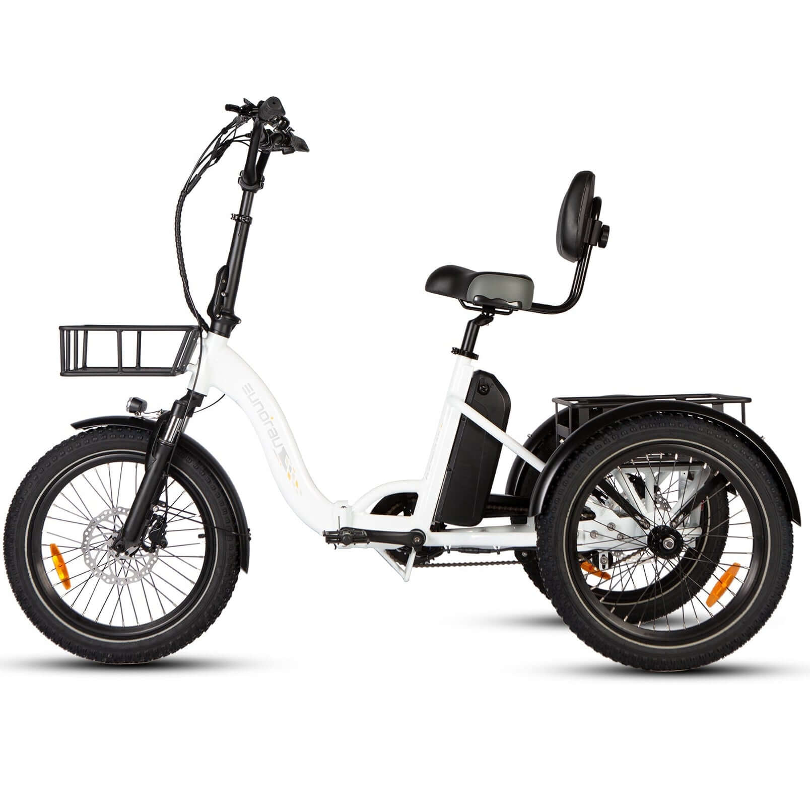 White electric tricycle with black accents on a white background