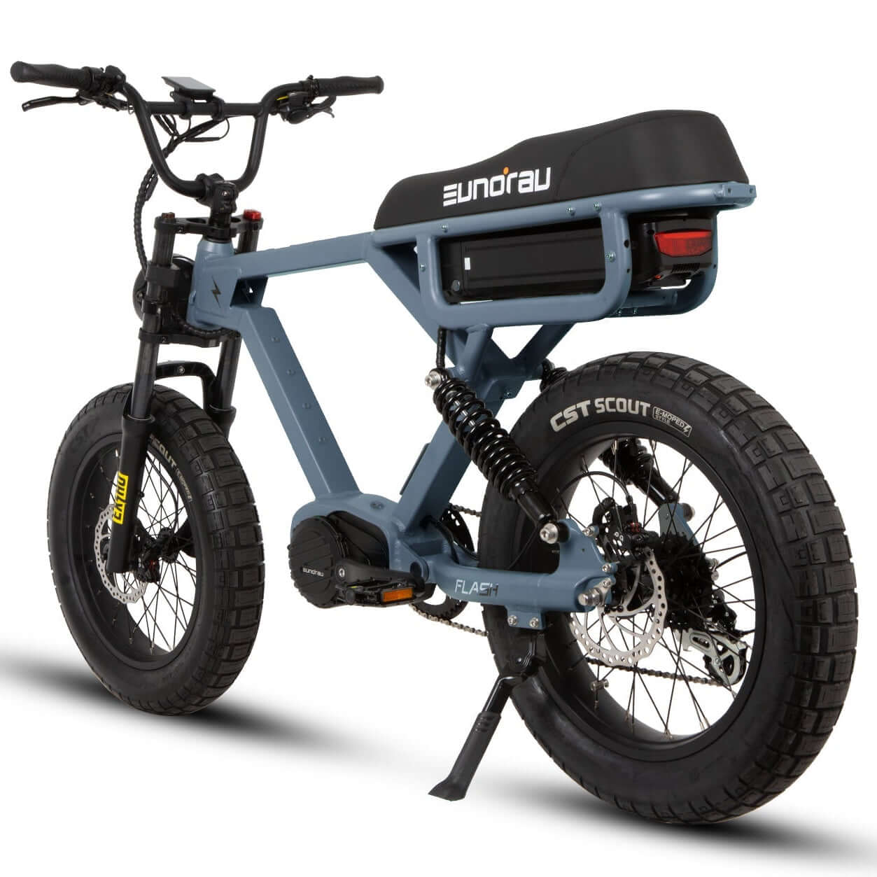 Blue electric bike with 'Bundru' branding on a white background