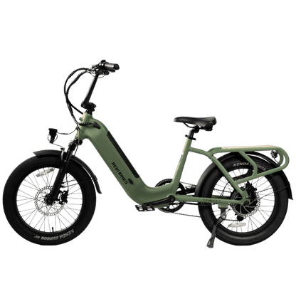 An electric bicycle in sage green with black components, shown from a side profile on a solid white background.