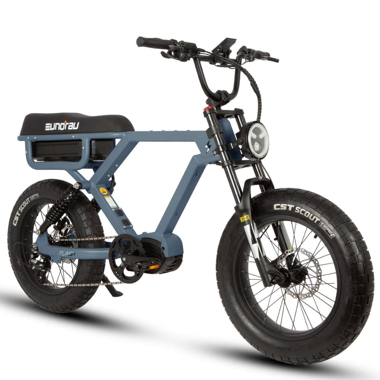 Blue electric bike with black seat on a white background