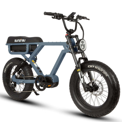 Blue electric bike with black seat on a white background