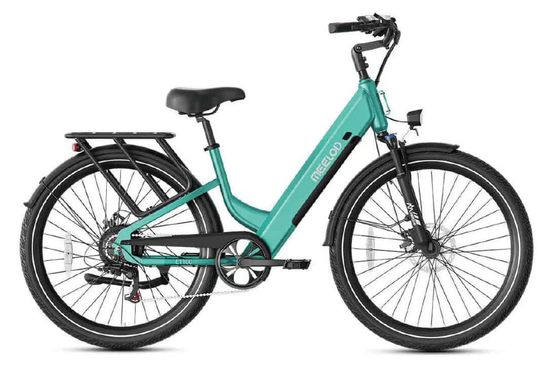 Teal electric bicycle on a white background