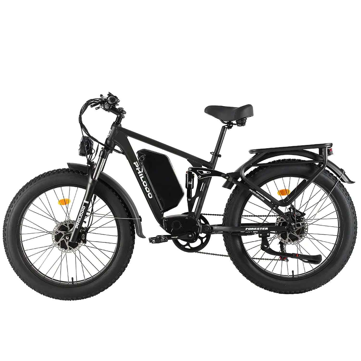 Philodo Forester 60V 5000W dual motor full suspension electric bike in black side view.