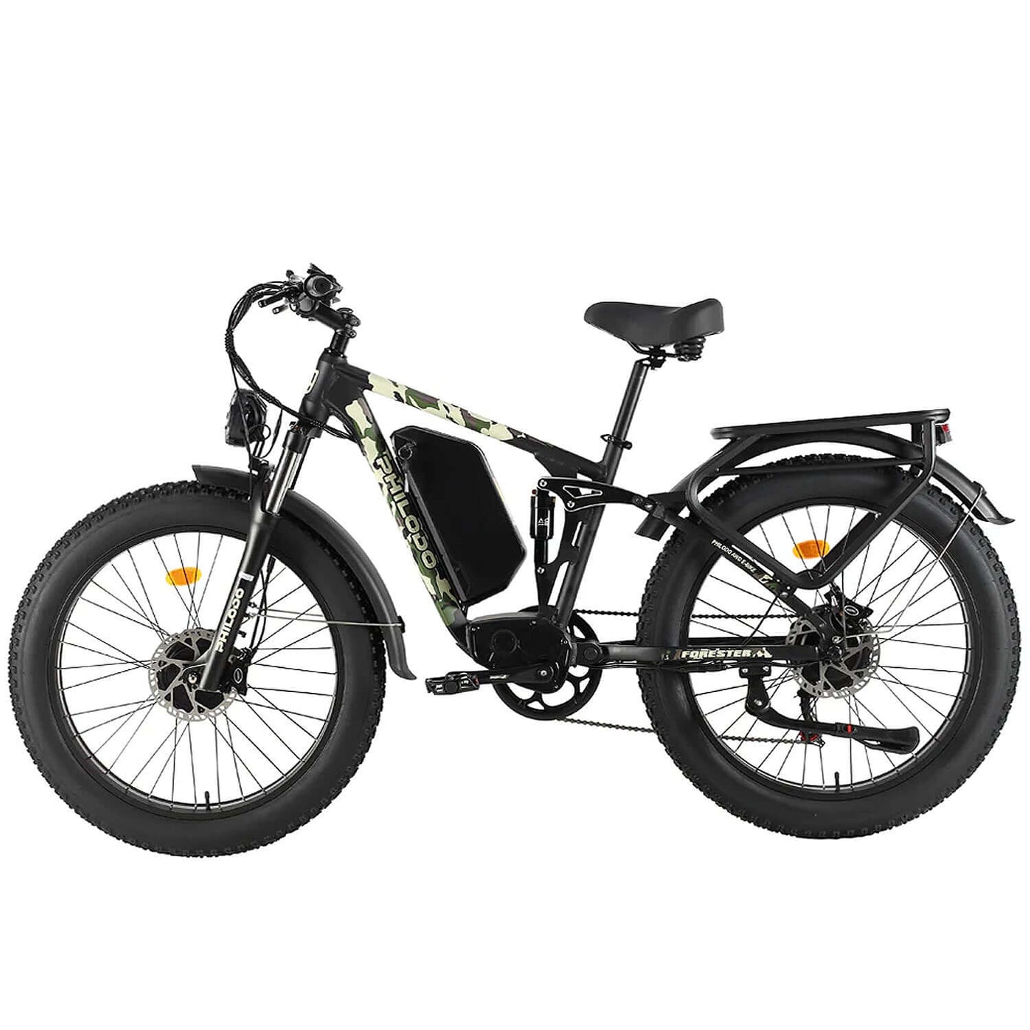Philodo Forester 60V 5000W dual motor full suspension electric bike in black camo design, showcasing robust tires and modern frame.