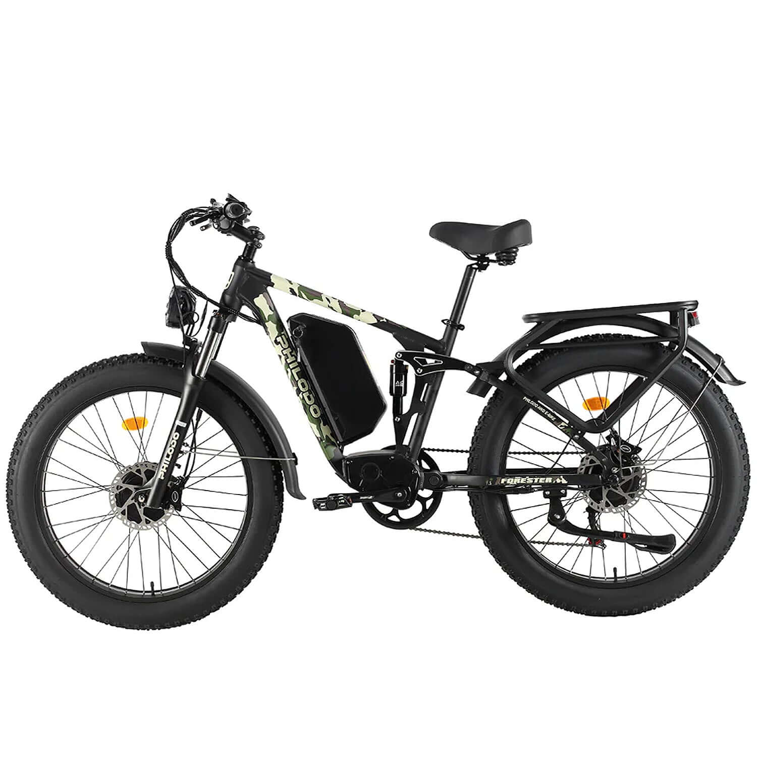 Philodo Forester 60V 5000W dual motor full suspension electric bike in black camo design, showcasing robust tires and modern frame.