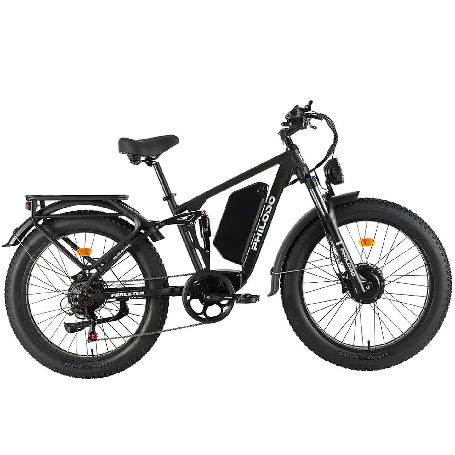 Philodo Forester 60V 5000W Dual Motor Full Suspension Electric Bike in black with fat tires and sleek design.