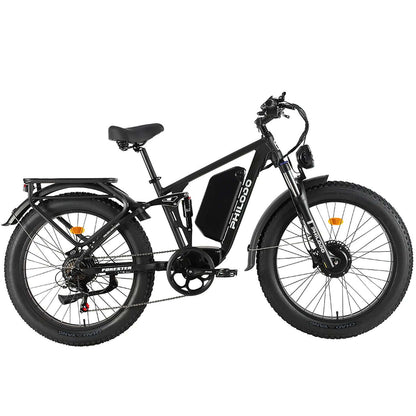 Philodo Forester 60V 5000W Dual Motor Full Suspension Electric Bike in black with fat tires and sleek design.