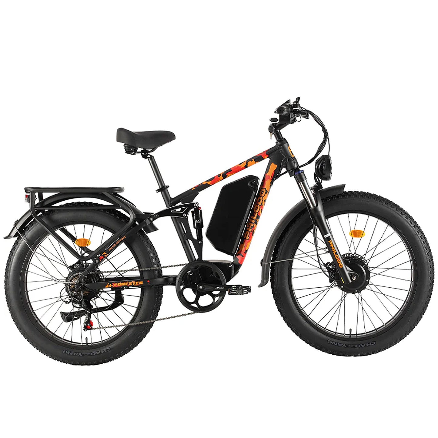 Philodo Forester 60V 5000W dual motor full suspension electric bike in black with rugged tires.