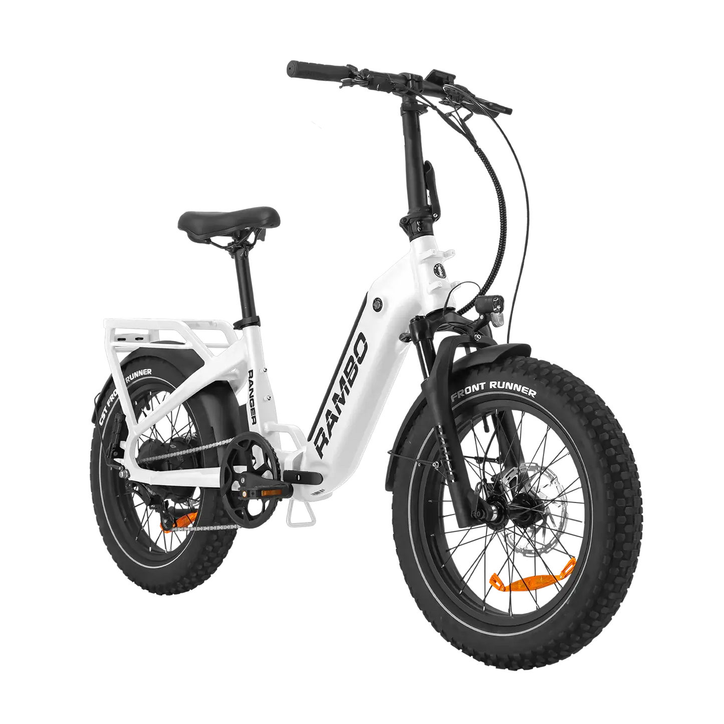 White electric bike with black accents on a white background
