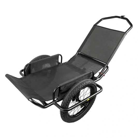 Black folding chair with wheels on a white background