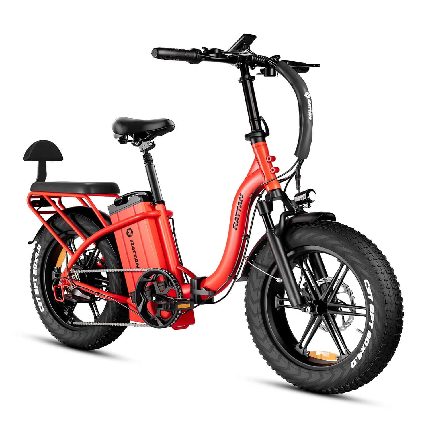 Rattan LF Ultra Step-Thru Folding Electric Bike in red color with fat tires and battery.