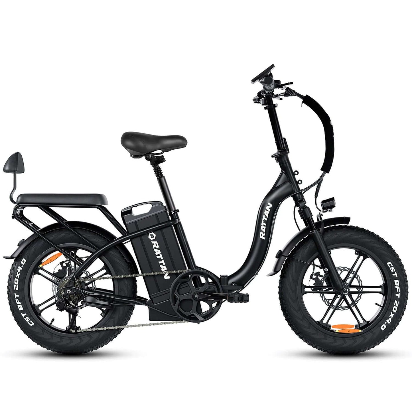 Rattan LF Ultra Step-Thru Folding Electric Bike in black with fat tires and comfortable seat